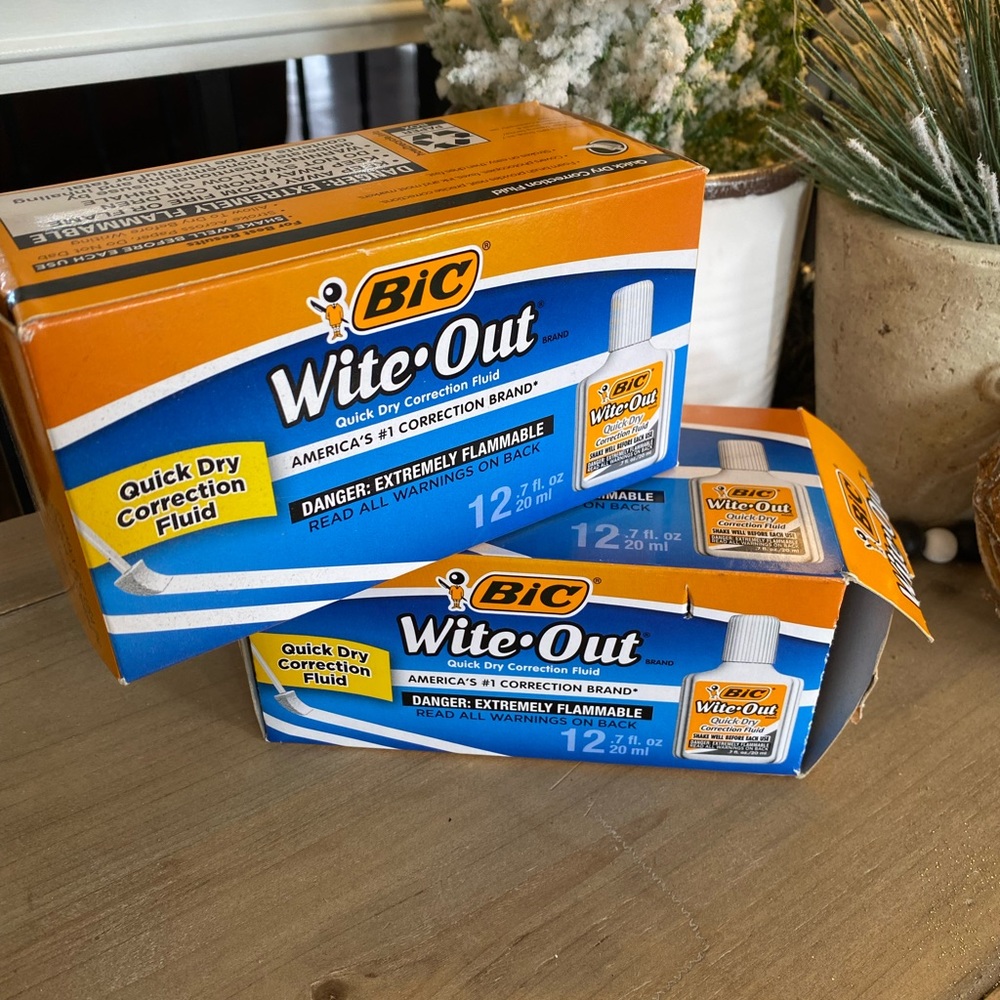 Two Boxes of 12 BIC Quick Dry White Out - 24 bottles in total.